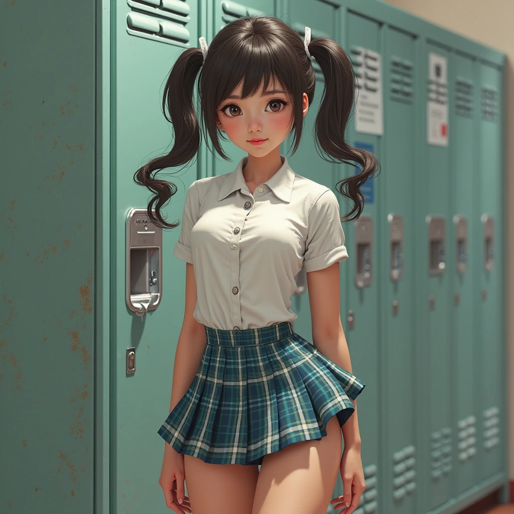 PERFECT MASTERPIECE, EXTREMELY DETAILED CG UNITY 32K UHD QUALITY RESOLUTION, RAW PHOTO, PHOTOREALISTIC, AWARD-WINNING PORTRAIT, OFFICIAL ART, PROFESSIONAL CINEMATIC LIGHTING, PROFESSIONAL FILM QUALITY, The most beautiful and sexy school ebony girl, long brown hair in a ponytail, vibrant blue eyes, long detailed eyelashes, blushing, full smiling pink lips, cleavage showing, wearing a school ebony girl uniform and school ebony girl skirt, white panties showing, standing in a sexy seductive slutty pose arching her back, looking at the viewer, sexy seductive slutty facial expression, school campus background