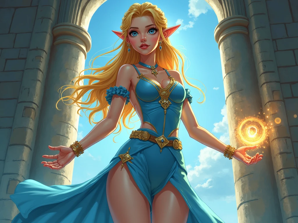 (masterpiece, best quality, high resolution, ((full body, standing,)), ((huge breasts)) an elf woman, pointed ears, blue eyes, red lips, very long blonde hair, (costume full body fantasy, jewelry and accessories, fantasy staff in hands, full body
