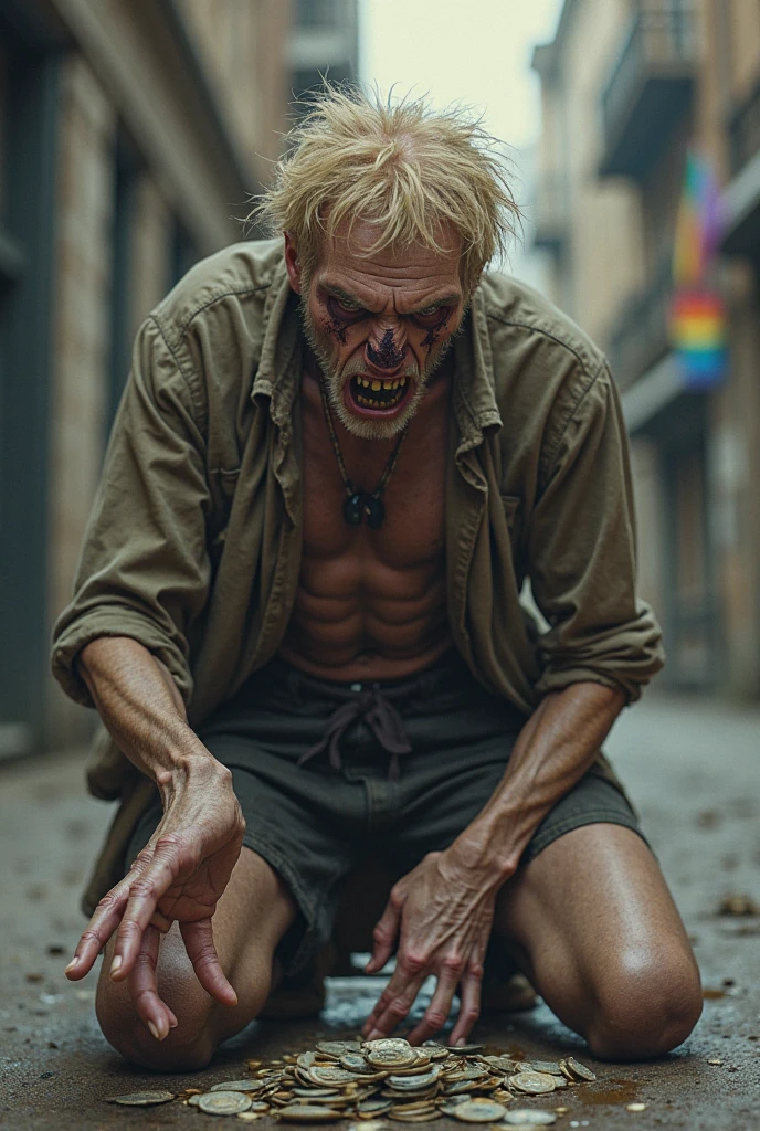 Highly realistic photo of helga with ugly smile, Shirtless overalls, looking at viewer, (((professionally color graded))), sharp focus, bright soft diffused light, (volumetric fog), (immense detail),