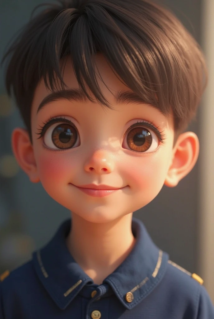kid facing the camera with a love expression with the tender eyes, pixar style