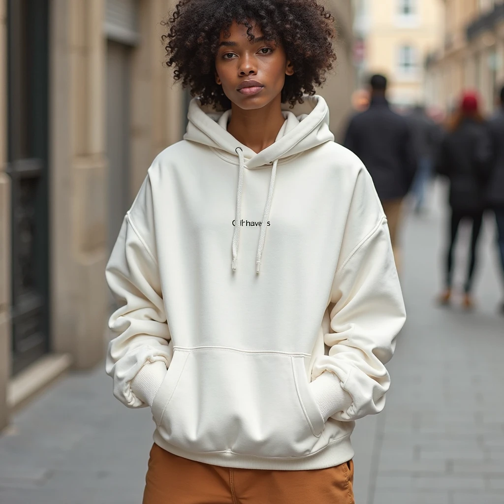A girl named Sony who is 18 year old wearing a nice hoodie beige colour and brown cargo with Curly hair