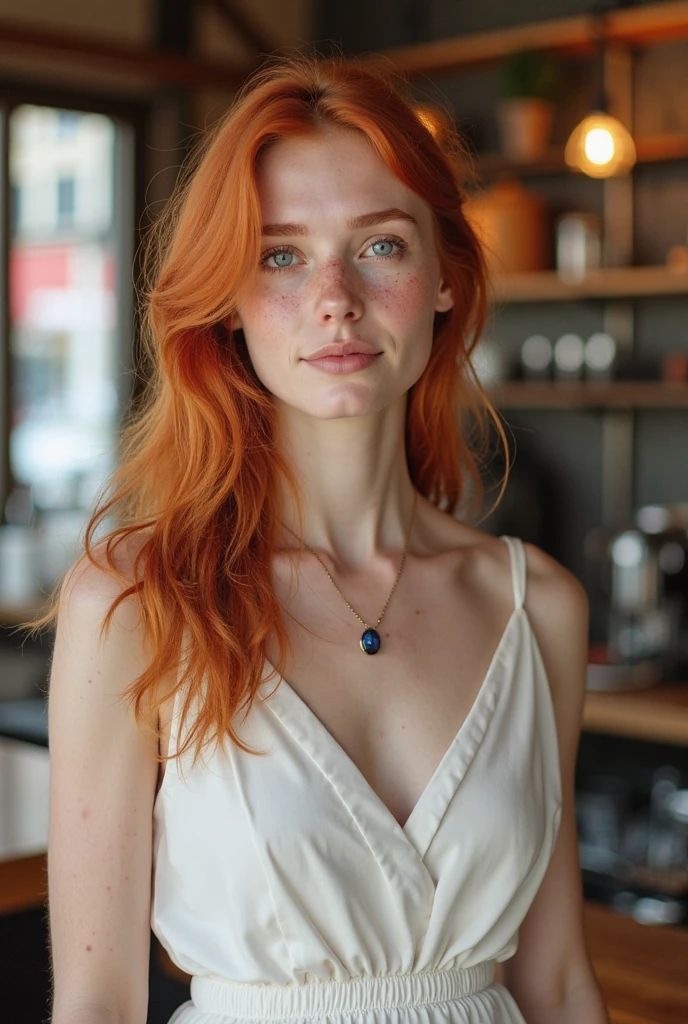 1girl in, age19, Solo, Aesthetic artwork, irish redhead, wavy ginger hair, shoulder length ginger hair, gray eyes, light grey eyes, some small freckles, pale skin, C-cup, LARGE breasts, runners body, (textured skin, skin pores:1.1), (moles:0.8), imperfect skin, goosebumps, sitting down having coffee, drinking coffee, (extremely detailed 8k wallpaper), soft lighting, high quality, film grain, Fujifilm XT3 sharp focus, f 5.6, 50mm, High Detail, Sharp focus,(natural light), in a navy blue colored dress. A navy blue sundress, floral pattern sundress, crazy details, complex details, hyperdetailed