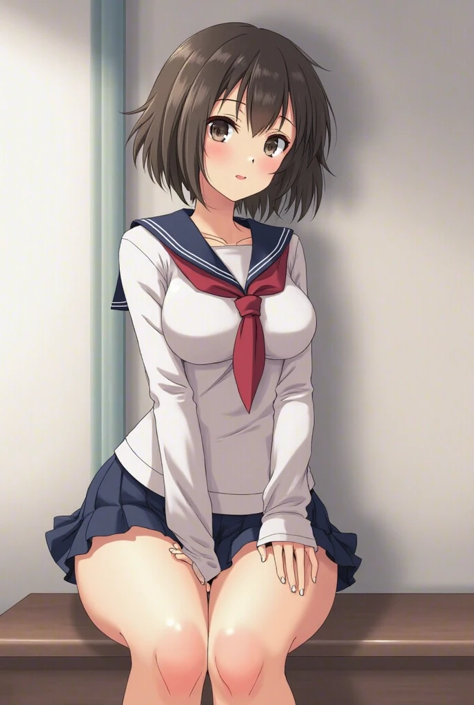 best quality ,masterpiece, 1girl, solo, fine detailed shiny eyes, flat chest, highres, wallpaper, 8k, best lighting, extremely detailed illustrations, blush, embarrassed, smile, open mouth, realistic white panties, crotch seam, pantyshot, White background, loli, dynamic pose, dynamic angle, light clothing, cameltoe, arle nadja, blue skirt, blue short sleeves, armor, collarbone, white shirt, wrist cuffs, nsfw, sitting, spread legs, pantyshot