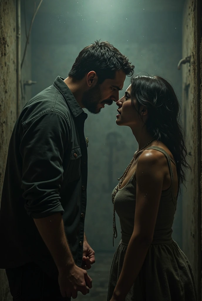 couple embracing with an expression of pleasure, portrait style, dark environment