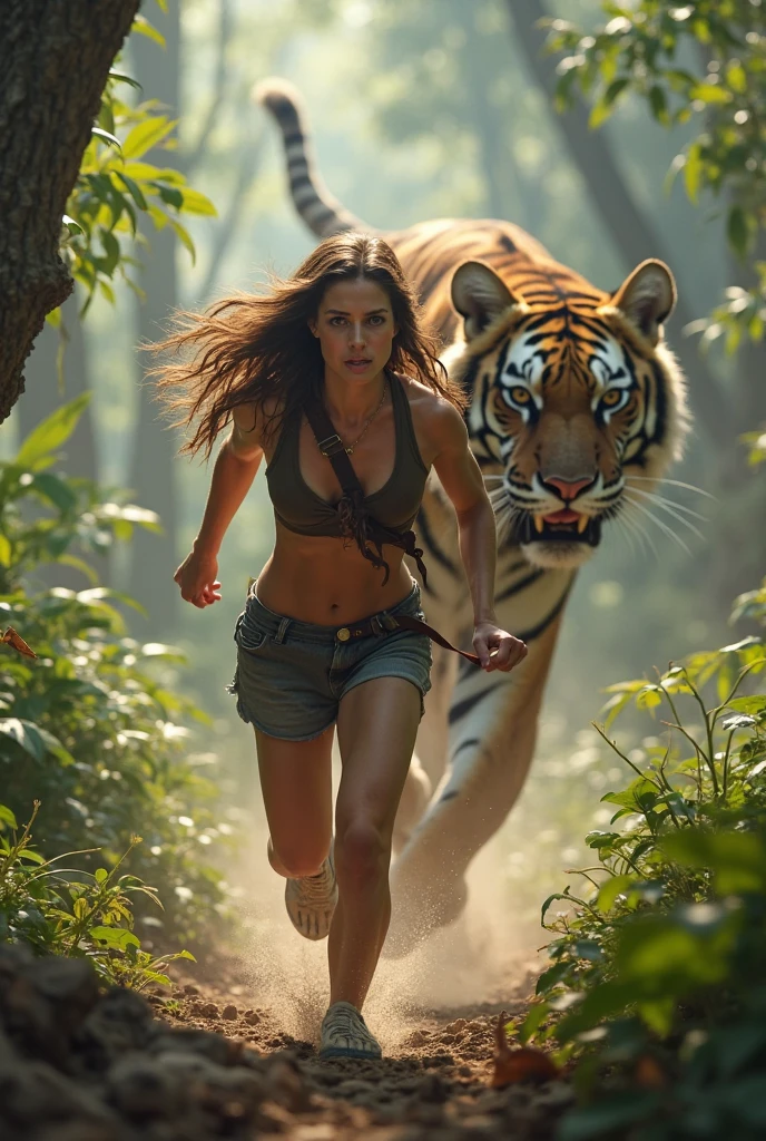 detailed photo of a tiger, fangs, wet fur, in rain, epic background and light, a woman <lora:5C57CF6FE0:1> Sasha Zotova riding the tiger between the clouds, struck by lightning, thunder strike, thunder strike hits the tiger, jungle background, portrait