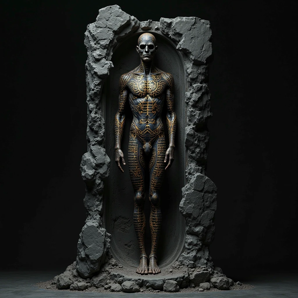 Aron Demetz, Master of Arts,Woodcarving,Portrait charcoal sculpture,Openwork body,Empty body,whole body,Light and Shadow,Wood texture,Mushrooms growing on the sculpture,Black charcoal,root,Red background