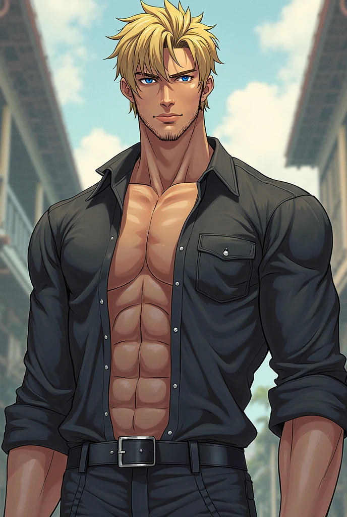 Masterpiece, highres, high Quality, detailed face, muscular build, six-pack abs, short hair, bright blue eyes, wearing ripped jeans and a red plaid shirt, unbuttoned at the top, exposing a toned chest, standing confidently, smirking, ((outdoor scene)), daylight, autumn leaves falling gently around him.