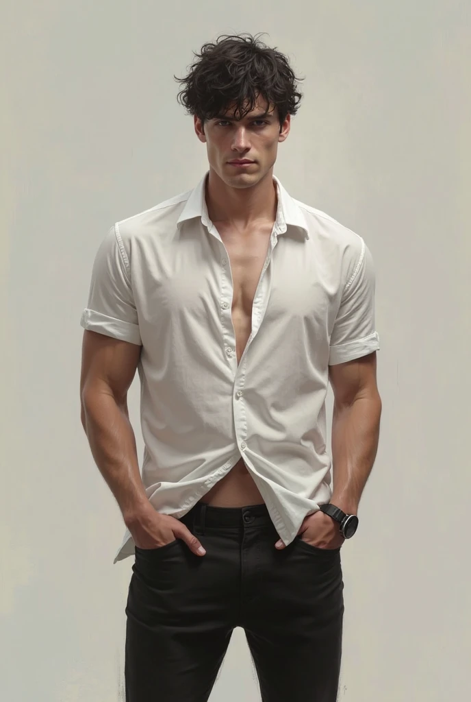Best quality image: full-body shot,sideways,Handsome man in his early 20s、Handsome European man in his 20s、Like a gay guy、Please face forward、Male in his early 20s、Blonde short hair,Set,White shirt,(Hands in pockets),Simple background,White background,He stood on a clean, Neat background. Crisp image details,Relaxed and natural texture. The lighting is very cinematic, The soft and bright light falls on his muscular face., Enhance the depth and dimension of your photos.