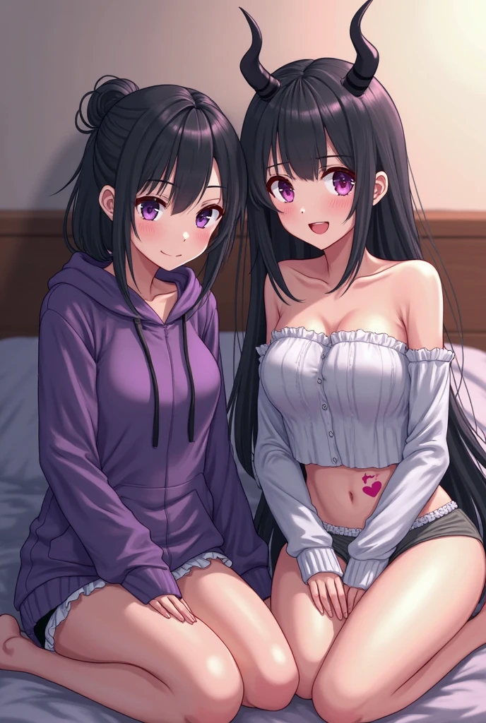 (cute eyes:1.2), (sparkling eyes:1.2), (8K、Best image quality、highest quality、masterpiece)、Detailed face、(2 girls)、Improve、(Black Hair, Purple Eyes, long hair)、(open mouth), (embarrassed), (skinny body:1.1),(medium breasts), (japanese swimwear:1.1), (standing), (leaning forward), (hands on knees:1.4), (cleavage), Classroom Background, (close-up shot of bust), (from above:1.2)