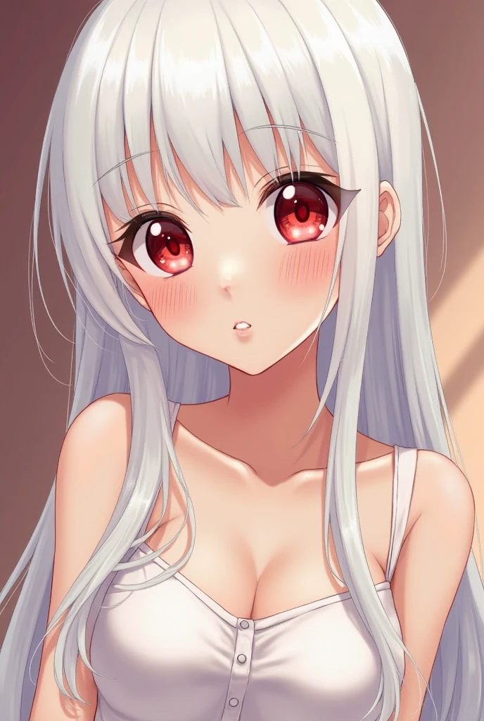 A anime girl wearing a white transparent cloth.Her Boob is big size and her eye colour is red with white hair.Her lip is pink and a ring in her finger