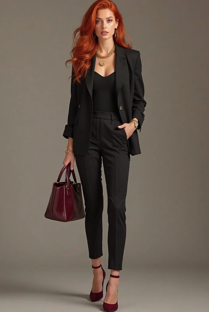 You can create a full body honey curly haired woman with black boots and bag on the side with soft black flared pants and a short gray closed blazer