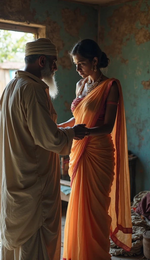Indian Hindu girl wearing orange colour silky saree bluse , with big breast, waist showing, sitting in lap of old muslim men with beard in green clothes and religious white cap, man looking at her lustfully and her face expression sad and fear , she looking at camera