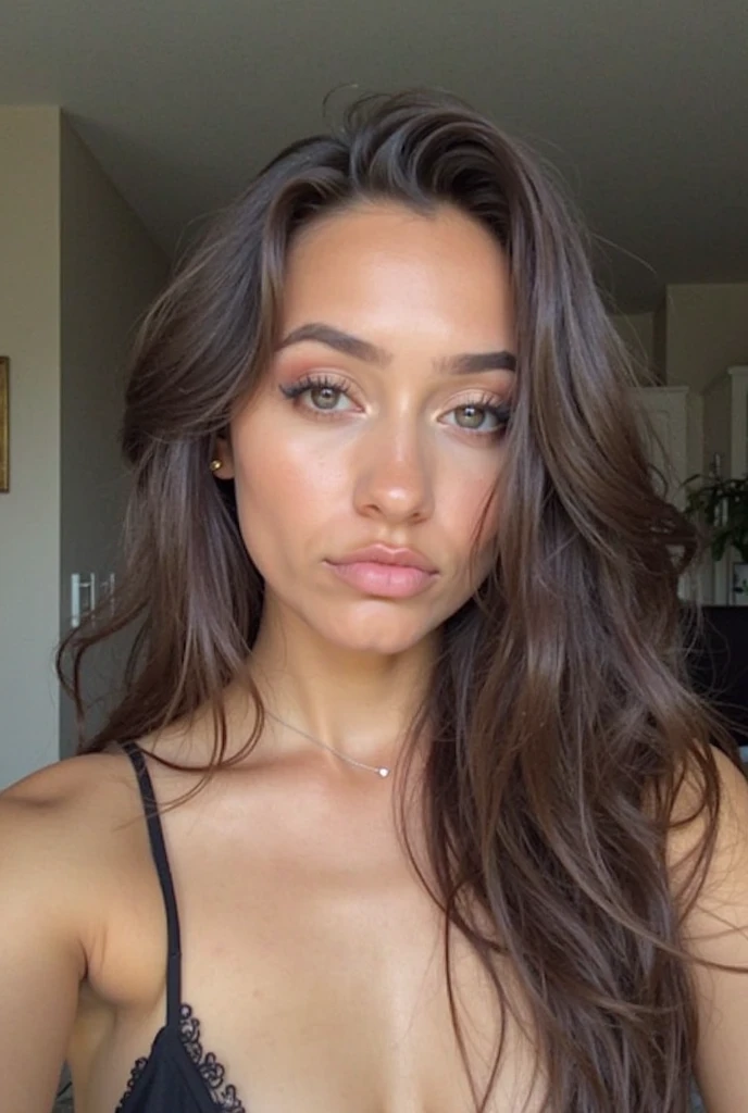 raw selfie of a pretty 24-year-old woman with long dark hair , natural skin texture, realistic skin texture, some blemishes, (skin pores:0.8), (skin oils:0.6), in her room