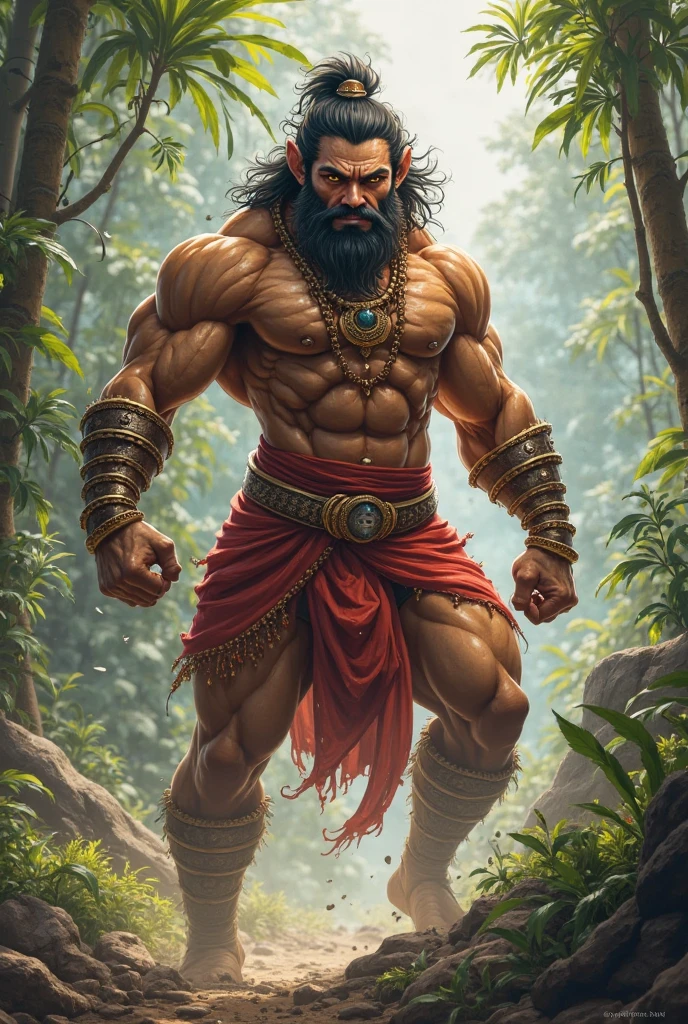 A handsome man, a yogi, long sharp nose, holding a huge axe in his hands, eyes on his axe, long hair tied in a bun, long black beard, shirtless, tall, robust, a thick neckless of beads around the neck, a thick thread from shoulder to waist, standing in a jungle , wearing a dhoti made of tigerskin, upper body, trees on the background, photorealistic, detailed, art form by Louis Royo, Boris Vallejo, Frank Frazetta