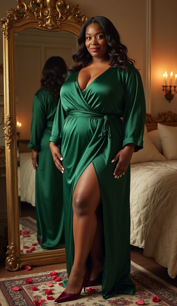 QUEEN, BBW, photo vintage, visage feminin parfait, AFRICAN, tache de rousseur, 1788, big huge breasts : 68H,FRONT VIEW, Rembrandt LIGHT , EXTREMELY LONG V-NECK , VERY BIG ROUND CLEAVAGE, BEAUTIFUL EYES, BEAUTIFUL HANDS, LIGHT SMILES, PERFECT FACE, tres long décolleté, CASTLE BACKGROUND , NECKLACE, RING, JEWELERY RICH, SFW, FULL BODY, VERY COLORFUL, BOUDOIR ROOM, GREEN TRANSPARENT LINGERIE, VERY LONG TITS, ROCOCO