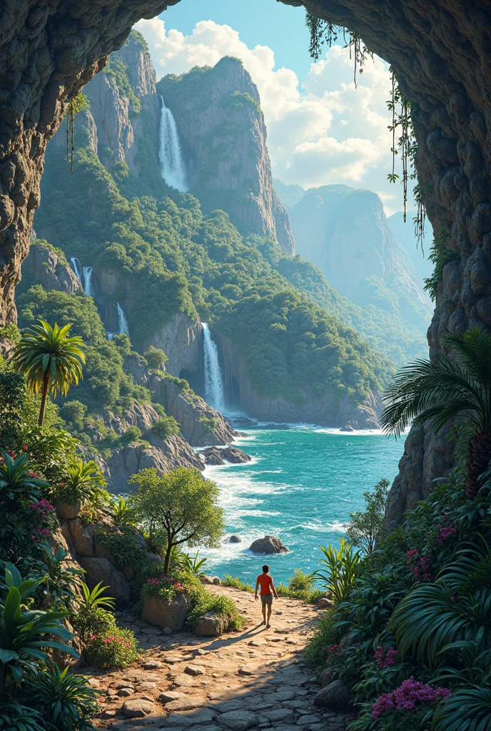 Barechested God of water next to a high waterfall, he in surrounded by water whips, dynamic, glenn, river running between rock walls, tropical vegetation with luxurious colourful flowers, vines, hanging plants, illuminated by natural sunlight,highly detailed, photorealistic.