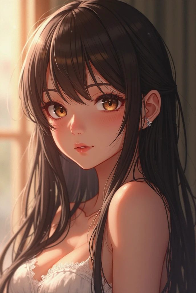 Girl with dark skin, straight black hair, chubby with a mole under her cheek, small bust 