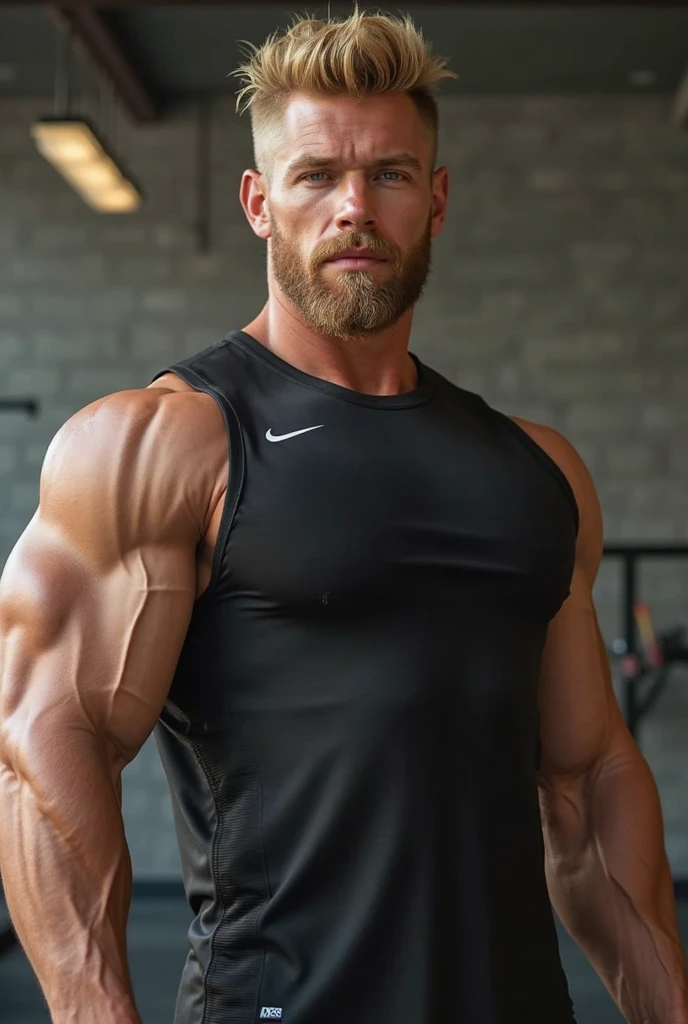 Masterpiece, denoise, void noise, one man, best quality, 8k resolution, male focus, focus only, amazing composition, volumetric lighting, super quality, elegant, Very detailed, (front view), (facing viewer), white light, daylight, blue sky, -----------, 35 years old, mature face, (muscular, thin body), handsome, ((detailed light-gray eyes, detailed eyes)), ((((light blonde hair, short straight hair)))), ((big ears)), ((((thick plenty chest hair)))), ((((pale skin)))), ((((Medium length beard)))), (((((Russell Tovey detailed face))))), --------------, (((wearing tennis shorts))), ((((rubbing his pecs, scratching pectorals))))