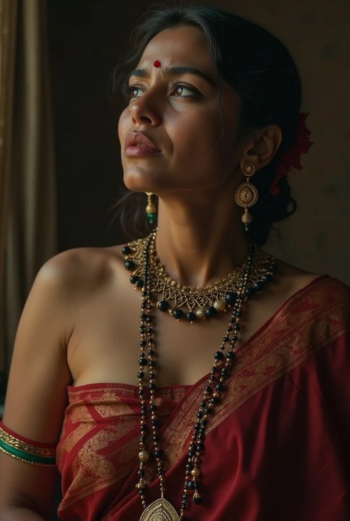 The image depicts an Indian woman, her face filled with sorrow, dressed in traditional attire. The photograph captures her vulnerability and raw emotion. Her clothing is beautifully adorned, reflecting the rich cultural heritage she embodies. The composition and lighting of the image highlight the contrast between her weathered features and the vibrancy of her dress. Despite her sadness, her eyes draw you in, leaving a lasting impact on the viewer. This stunning photograph is a testament to the impeccable skill of the artist, who portrays the woman with utmost respect and dignity.