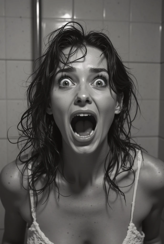 A woman is bathing in a shower, in a simple bathroom with light tiles. Her face expresses utter dread as she screams, her wide-eyed and wide-open mouth. The wet hair sticks to her forehead and the shoulder is showing, indicating her vulgar . The scene is frozen at the moment of greatest tension, capturing the shocked expression. Everything is in black and white, evoking the classic cinema style of the 1960s. The harsh and contrasting lighting reinforces the drama, with sharp shadows around the edges and a strong focus on the woman's face.

sfw,rating_safe,cropped_shoulders,black_and_white,classical_cinema,dramatic_lighting,screaming_woman,psychological_horror,wet_hair,bathroom_scene,shower_scene,fear_expression,intense_closeup,vintage_film_style,high_contrast,retro_tension,filmnoir,cinematic_horror