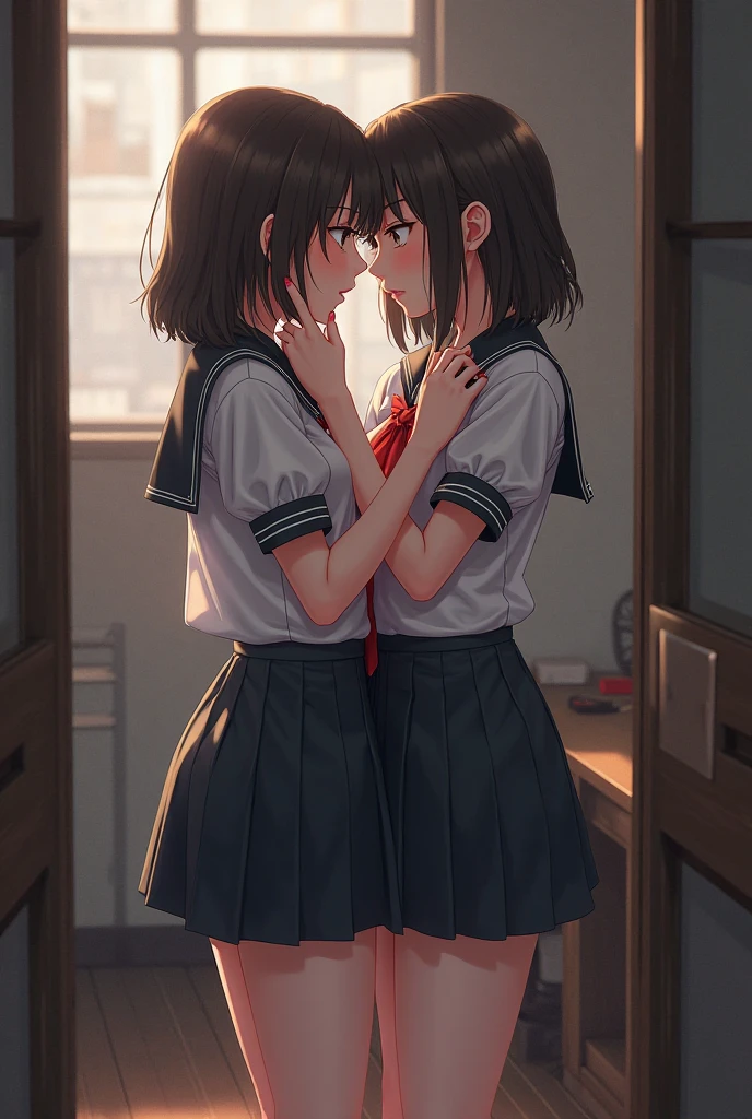 2girls,roromiya,ririchiyo, flat chested, sweaty, stripping off school uniform,,ascot, in a changing room,masterpiece, best quality