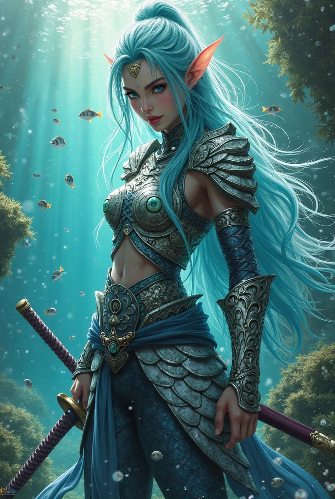 , a wide angle picture of a female human druid swimming along her pet shark, priest of underwater nature, cleric of underwater nature, art full body, ((anatomically correct)), dynamic position (intricate details, Masterpiece, best quality: 1.5) talking to a shark (intricate details, Masterpiece, best quality: 1.5) under the sea  (intricate details, Masterpiece, best quality: 1.5), a human woman wearing scale armor ((intricate details, Masterpiece, best quality: 1.4) leather boots, armed with a katana, GLOWING WEAPON, thick hair, long hair, pink hair, tan skin intense brown eyes, undersea background (intense details),  night undersea( (intricate details, Masterpiece, best quality: 1.5)high details, best quality, 16k, RAW, (ultra detailed: 1.5), masterpiece, best quality, (extremely detailed), dynamic angle, ultra wide shot, RAW, photorealistic, fantasy art, rpg art, realistic ), dynamic angle,  (intricate details, Masterpiece, best quality: 1.5)), high details, best quality, highres, ultra wide angle, Wielding sword, chumbasket art style, katana
