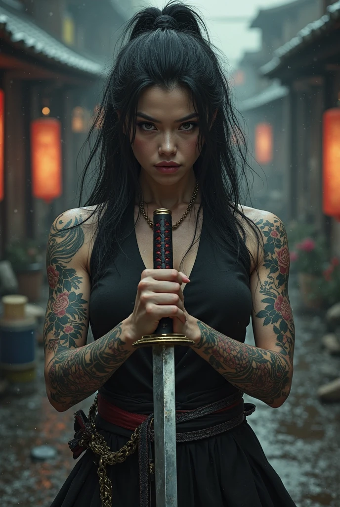 editorial photography,super detailed background,Super realistic,double exposure,depth of field,beauty super slender skinny vibes,soft focus flashy colors tone,narrative scene,acrylic paint,high-contrast multilayer structure cyborg,luminous body,super long straight brunette hair,Hold a Japanese sword KATANA with both hands,bare shoulders,dystopia apocalypse,geometric big tattoo on face,