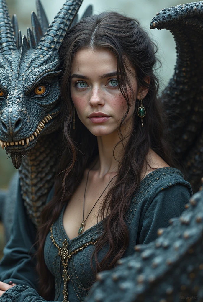 undercut,  A beautiful woman with dark hair and glowing pupils holding the Ring in her hand,  detailed face,  golden eyes,  huge breasts,  facing_away,  covered in dirt,  wearing rags,  escaped from a dungeon and now wonders in a grey wasteland with other people also in rags,  Lord of the Rings,  Tolkien,  Hillmen,  Dunlending, more detail XL,  FilmGirl,  [[[chinese girls]]],  a huge dragon standing behind the girl,  look ((crazy!!)),  girl:dragon:0.6,  (cowboy_shot,  full_body)