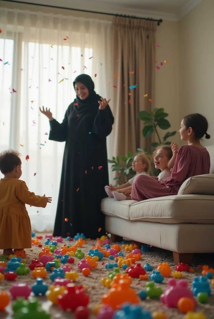 Kurdish girl Fatıma Kareem in hijab talking with a her son in luxury house view from side