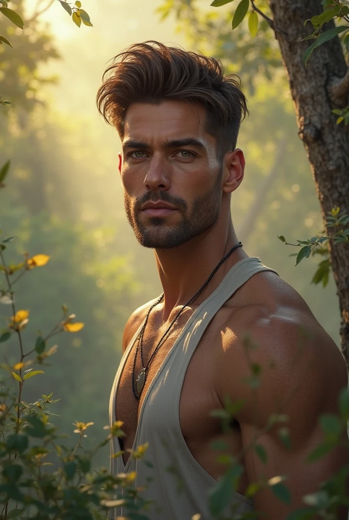 hot sexy Brazilian man, shirtless, standing in the mountains, dramatic landscape, vibrant colors, detailed facial features, soft natural lighting, hyperrealistic, cinematic composition