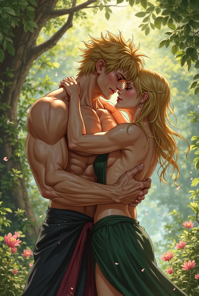 portrait,(NSFW 0.75) (one muscular man and one woman, hugging each other))((touching eachother, kissing))((muscular man, pose)) ,very very big breast, soft nylon sexy , orange , pink ,teal,red, yellow flower colour ,flower design modern light white wedding dress, colorful, flower armor, good anatomy, best quality, (((masterpiece))), high quality, realist, best detailed, details, realist skin, skin detailed, underboobs, beautiful posing under a fairy tale of exotic magic,, girl immersed in water , soaked, meadows background , bokeh effect , chubby , sleeping in bed, t,off shoulder, wearing style,(huge perky breasts, deep cleavage, thick thighs, multi chain jewellery ),(wearing jewellery on )(big buttocks and looking back) white wedding dress