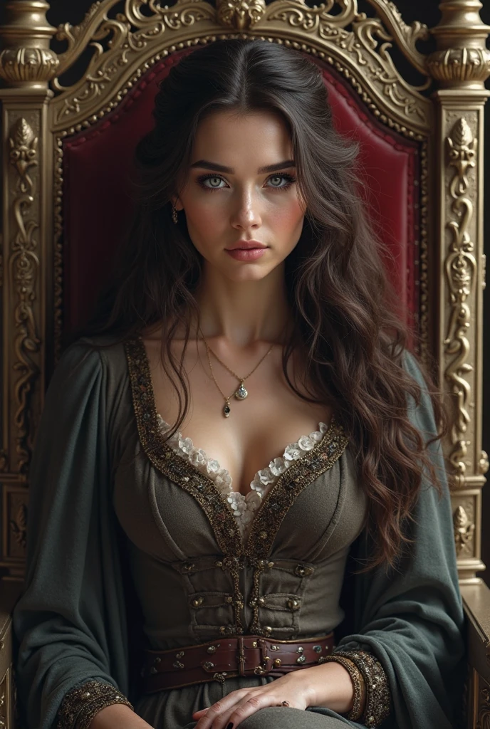 Create an almost realistic image of an extremly pretty princess with a fair skin, tall wavy dark brown hair and bright green eyes. The princess is pretty but also fierce she has a sharp jawline and extremely attractive. She is sitting seductively on a throne and wearing a crown