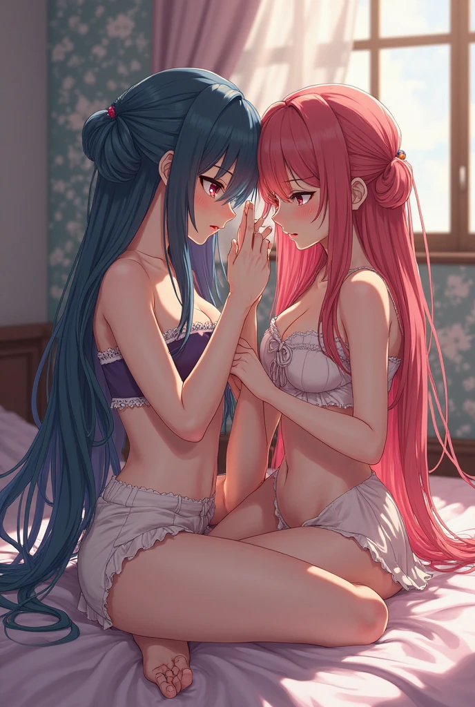 Sexy Posing, Female, 30 years old, cute, eyeliner, long hair, tube top, jean shorts, bedroom eyes, catgirl, cat ears, bedroom background, 8k, hi res, (best quality, masterpiece), green eyes, cat tail, Duo, twins , angry, 1 light blue hair, 1 light pink hair, lying down on bed pushing each other, fighting