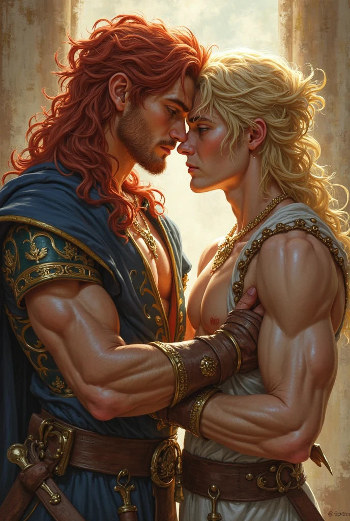 18 year old male, red hair and thin body, kissing another man with long, platinum hair, muscular and hairy body, at a waterfall while being watched by a 12th century knight
