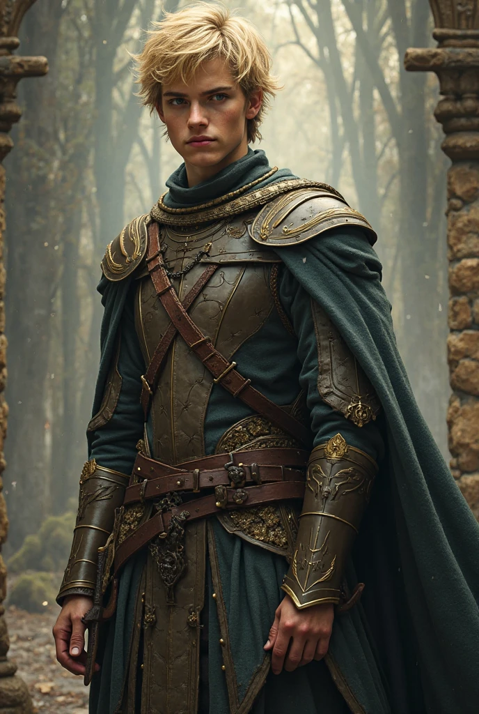 Short hair handsome teen Irish man. Hero outfit color Olive. He wears an Irish traditional kilt outfit.