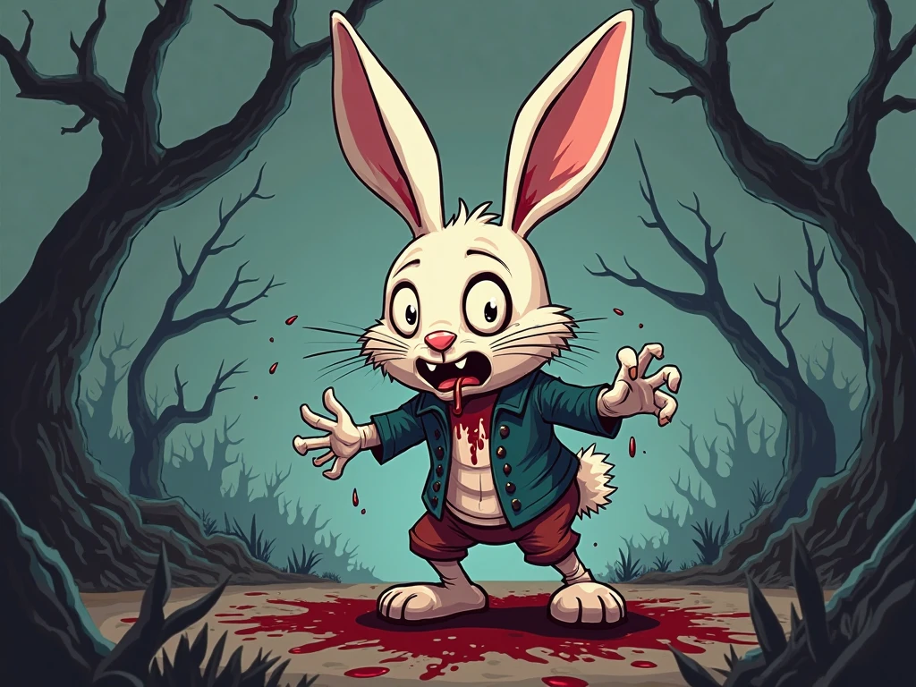 horror movie rabbit, pointy teeth and bloodstains on the fur, scary face full of hate