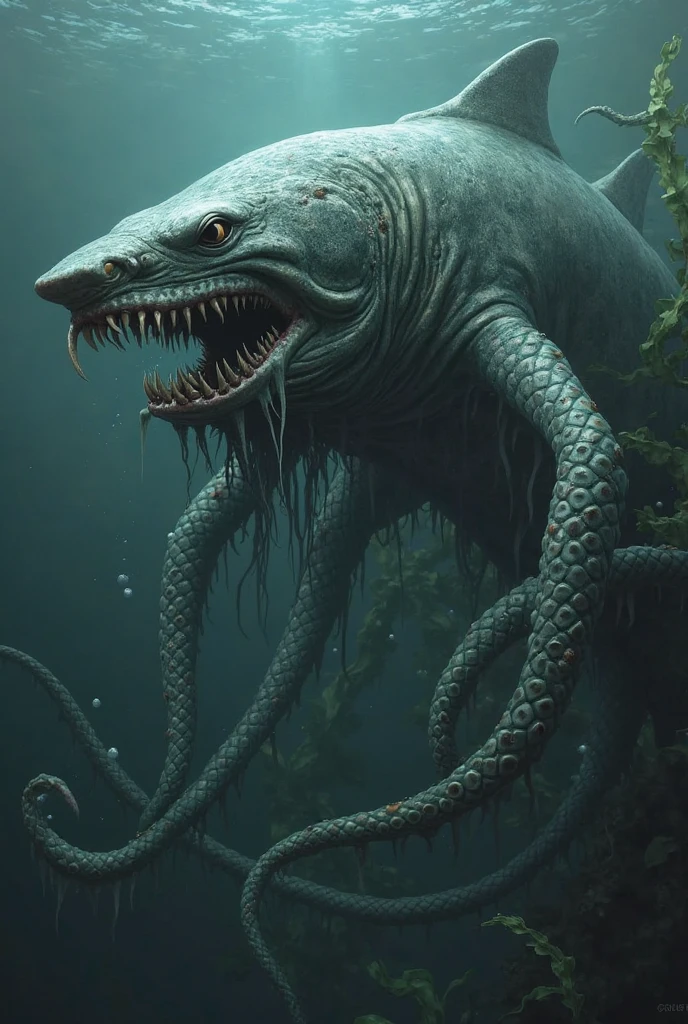 Mythical ,scary and horrible cross fusion of a octopus and a shark with big scale and with big fangs and large fins also swimming under the ocean with scary ocean background