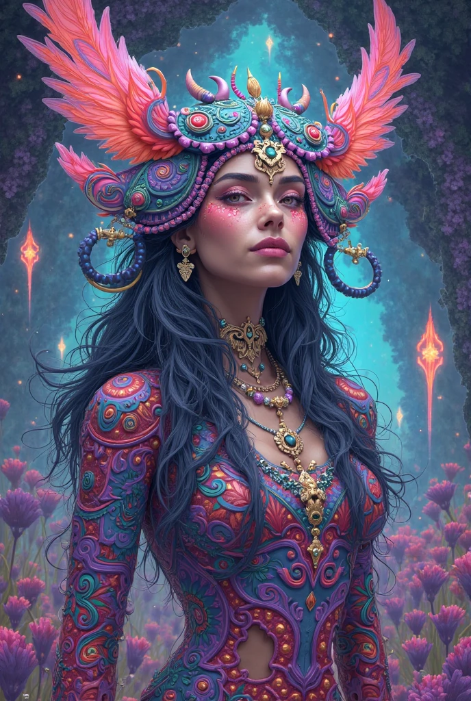 back of a woman's entire body, saturated colors, psychedelic image, LSD, mandala, fractral, fantasy, tattoo, painted body, hat, power