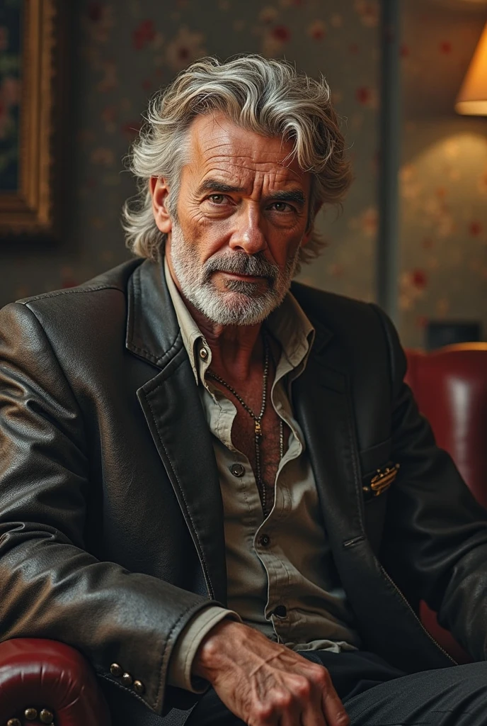 A man in his fifties, with short and well-groomed white hair and a neatly trimmed v shape white beard. He sits in a brown leather armchair next to a fireplace where a fire crackles. Wearing a casual white shirt, the top button unbuttoned, and brown velvet pants, he gazes with benevolence, his blue eyes shining with wisdom.