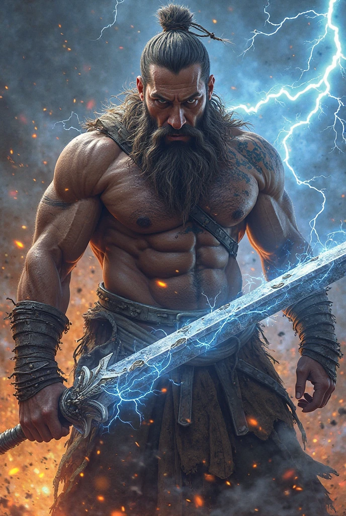 Black Viking left arm tattoo design, a full body muscular viking man, showing muscular legs, holding sword with right hand, holding a Thor&#39;s hammer with lightning in his left hand, brown hair divided with bangs, perfect realistic blue eyes, wearing warrior leather pants, wearing warrior boots, lake and mountains in the background.
