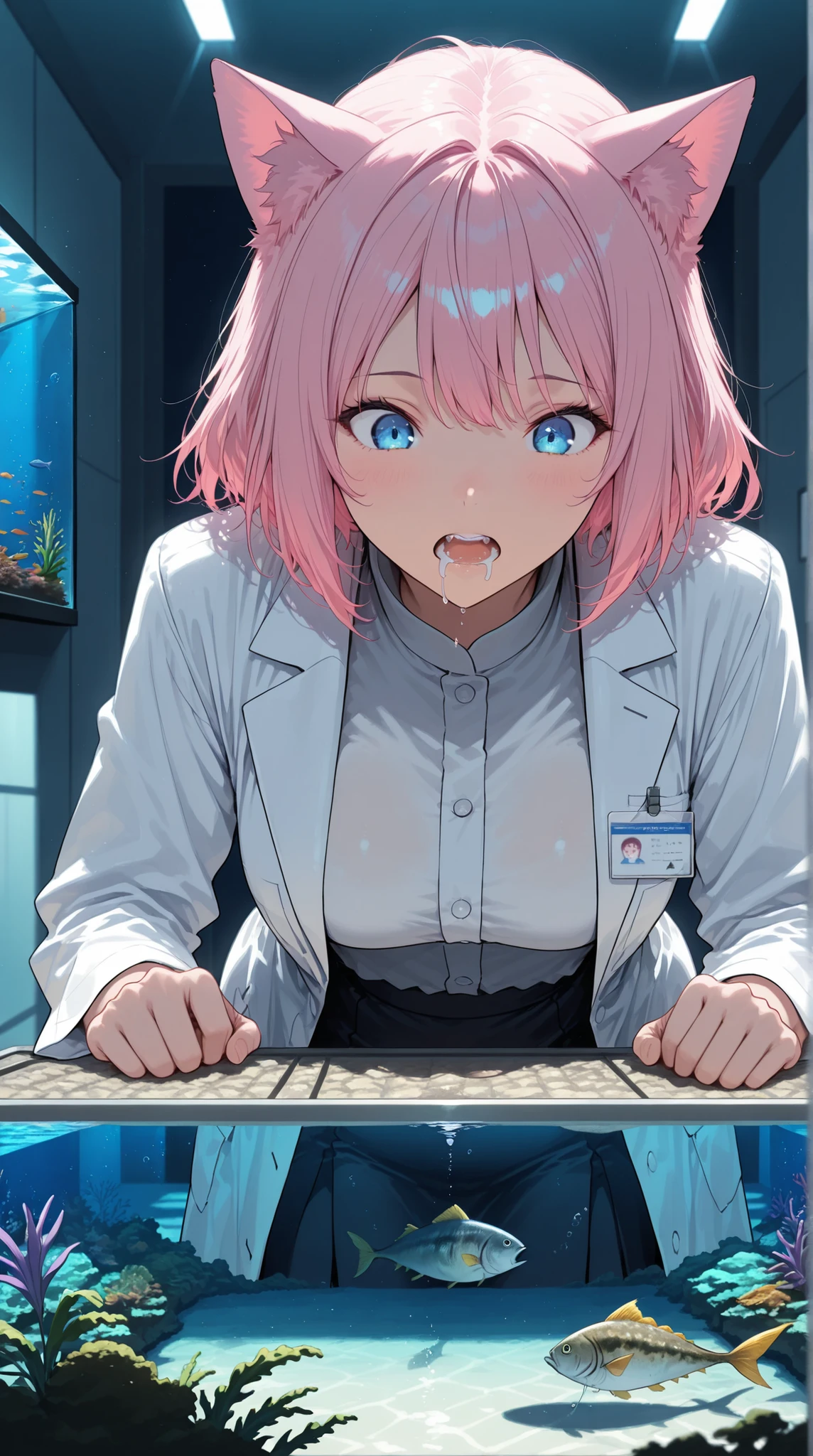 score_9, score_8_up, score_7_up, masterpiece, source_anime,1girl,cat girl,detail eyes,iris,researcher ,labo,labo uniform,(white laboratory coat:1.1),name plate ,fish farming ,resist the urge ,(drool:1.1),open mouth,torn tooth,comedy style,the fish is swimming ,motion effect,the fish is glass tank in large aquarium , dramatic lighting , She is glued to the big fish tank and watching,4fingers