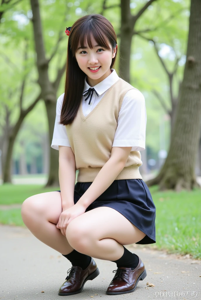undergarment, photo of  girl, cute little, ((Laties, pantyshot, wear skirt, White panties are visible))、 ((Physical education sitting、Sitting on the grass with open legs、A-shaped legs)), A dark-haired, blurry backround, knee high,all nude,full nude, head rest, Shot from below the front, plein air, ​masterpiece, top-quality, ultra-detailliert、neatly trimmed lawn,sitting on a small wooden stand,Carefree smile,Photographed from below,neatly trimmed lawn,