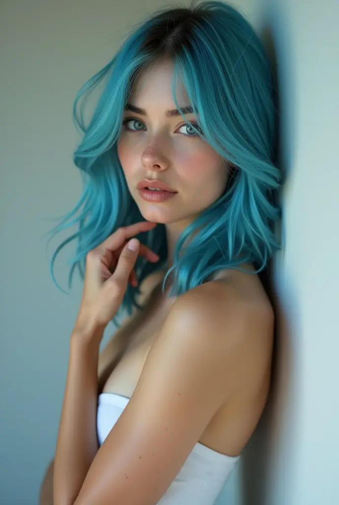 Medium low-angle portrait photography, (Introspective young woman with cyan hair:1.3), Rule of thirds composition, Enigmatic allure, Freckled skin, (Hint of yellow eyeshadow:1.2), Contemplative look, Porcelain complexion, Quiet confidence, (Captivating presence:1.2), Photographed using a Pentax 67II, SMC Pentax 105mm f/2.4 lens, Soft and warm lighting, Graceful poise