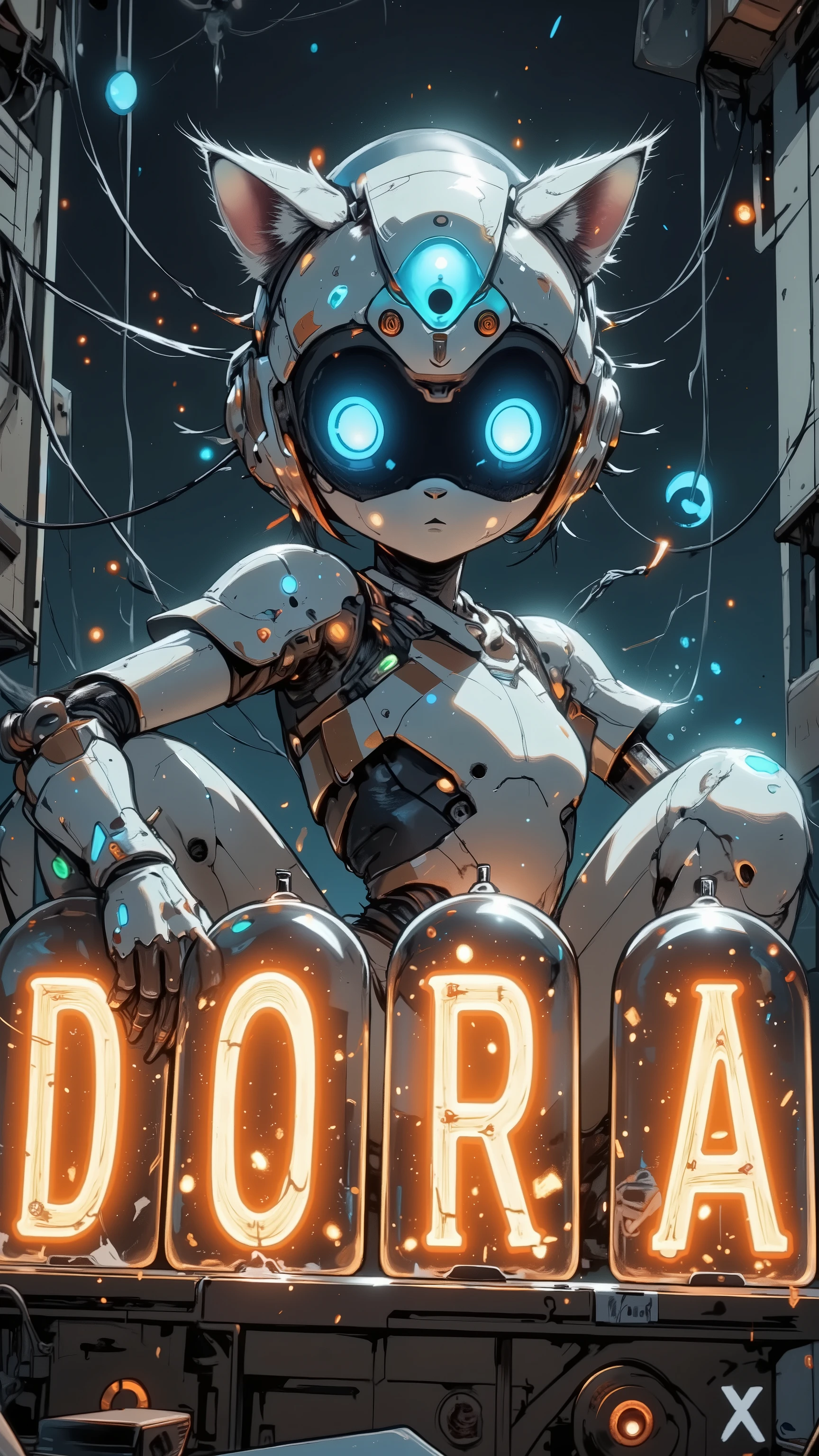 cinematic, (masterpiece), (best quality), (ultra-detailed), very aesthetic, illustration, realistic illustration, perfect composition, intricate details, absurdres, detailed face, (anime, masterpiece, intricate:1.3), (best quality, hires textures, high detail:1.2), (4k),(incredibly detailed:1.4),detailed eyes, realistic shadow,
1girl, cat girl ,random cute pose, random style, random location, random time,female cat blue robot, (The cat robot is blue in color:1.2),
minimal fashion, posing for a picture, (Glowing Contours:1.1),dark room ,Four Nixie tubes lined up horizontally in front on the desk ,Four Nixie tubes is A device with four glass tubes connected horizontally , alphabet are displayed in the glass tube”D,O,R,A”in front