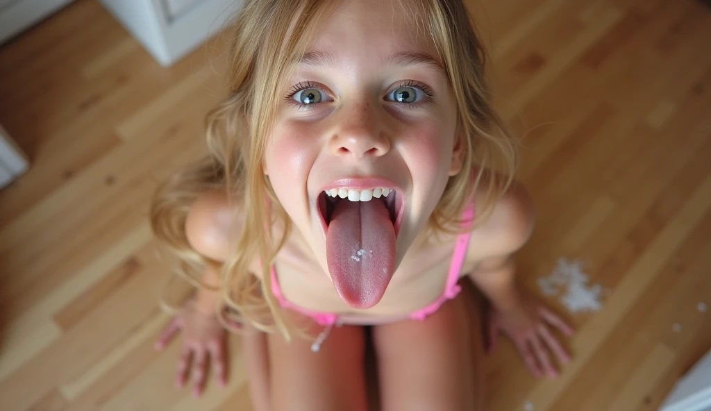 Japanese woman, beautiful girl, gal, blonde, baby face, highest quality realistic skin, eyes in focus, 20 years old, sticking out tongue, focus on mouth, open mouth, long tongue, saliva, open mouth wide, inside of mouth visible, open mouth and sticking out tongue 