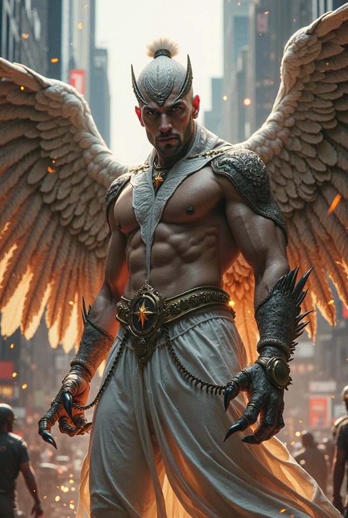 1 muscular man, heroic pose, fighting against metallic birds, highly detailed, cinematic composition, dramatic lighting, vibrant colors, digital art, concept art, 8k, photorealistic, intricate details, dramatic shadows, dynamic action, powerful expression, epic fantasy, cinematic atmosphere