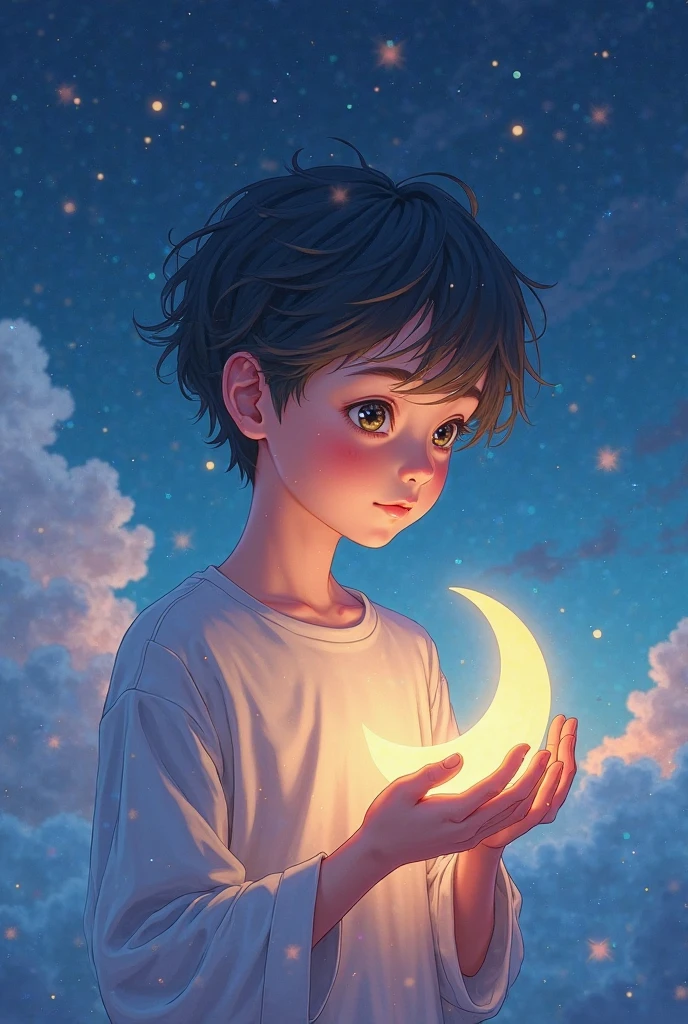 under the starry night sky,The boy was lying on the grass,Look up at the sky and the moon,Fireflies fly by from time to time。