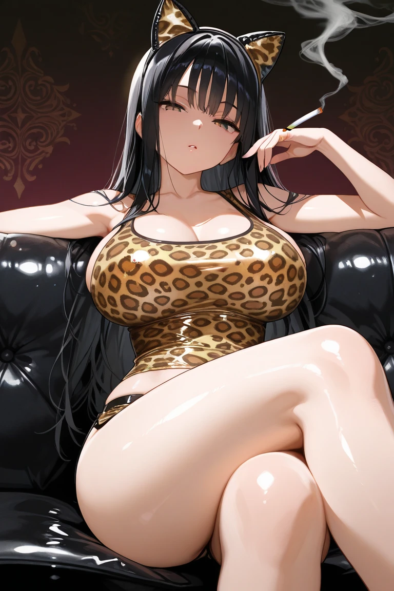 Score_9, score_8_up, score_7_up, source_anime, solo, 1girl, serious, yuuka_\(blue_archive\), bodycon, shiny dress, clothing cutout, gloves, microskirt, leather jacket, o-ring, wedding gauntlet, 1girl, twintails, long hair, mature female, sagging breast, choker, ((leopard print dress)), leopard print skirt, skin tight, navel, hoop earrings, belt, fishnet thighhighs, pink lips, parted lips, (makeup), posing, crossed arms, (handbag:0.8)
