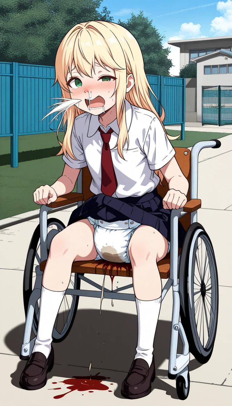 Anime. 1 girl. Baby. Kitsune. Blonde. Long hair. Blue eyes. Beautiful eyes. Perfect eyes. Expressive eyes. Ideal face. Ideal anatomical body. Beautiful long legs. Beautiful body. Beautiful nose. Fox ears. Fox's tail. 12 years old. Embarrassment. Blush. Beautiful character design. Shiny skin. Dirty tunic. Torn Tunic. Slave. Collar. Shackles. On a chain. No panties. Barefoot. Ugly hair. Tangled hair. Disabled person. Paralytic Sitting. Wheelchair. Hands on crotch. Urinary incontinence. Wants to pee. I need to pee. A strong, desperate urge to pee. He squeezes his crotch tightly. Rubbing the crotch. Slight forward bend. She peed herself. Middle Ages. Fantasy. City. Town Square. Showcase of slaves in the center of the square. Slave market. Tears on eyes. Cry. Snot flows from the nose. Whole body. nsfw. Official art. Extremely detailed CG Unity 8k wallpaper. Ideal lighting. Ultra high resolution 4K. Super detailed 8K. A high resolution.