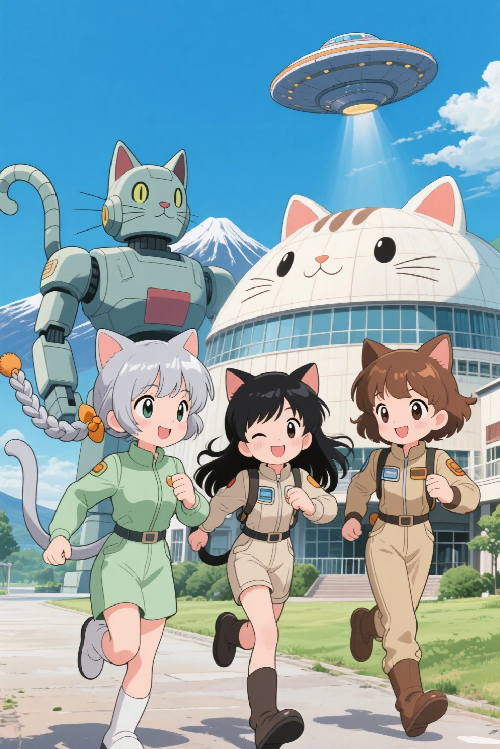 Three cute anime girls. They have cat ears. The three girls have the following appearances: The first one has light green slightly slanted eyes and a shiny silver hair, with an amber scrunchie attached braided side pony tail. The second one has slanted eyes and very long black hair. The third one has big round brown eyes and short brown hair. Location: A dome-like building with large cat ears at the foot of Mount Fuji. The background is drawn in the style of a 70s anime. Next to the building is a 70s anime style giant robot with large cat ears and a cat tail, and UFO with a large cat ears  and a cat tail is flying in the sky. They are wearing pilot suits in the style of a 70s anime, and are running towards the viewer with smiles on their faces.